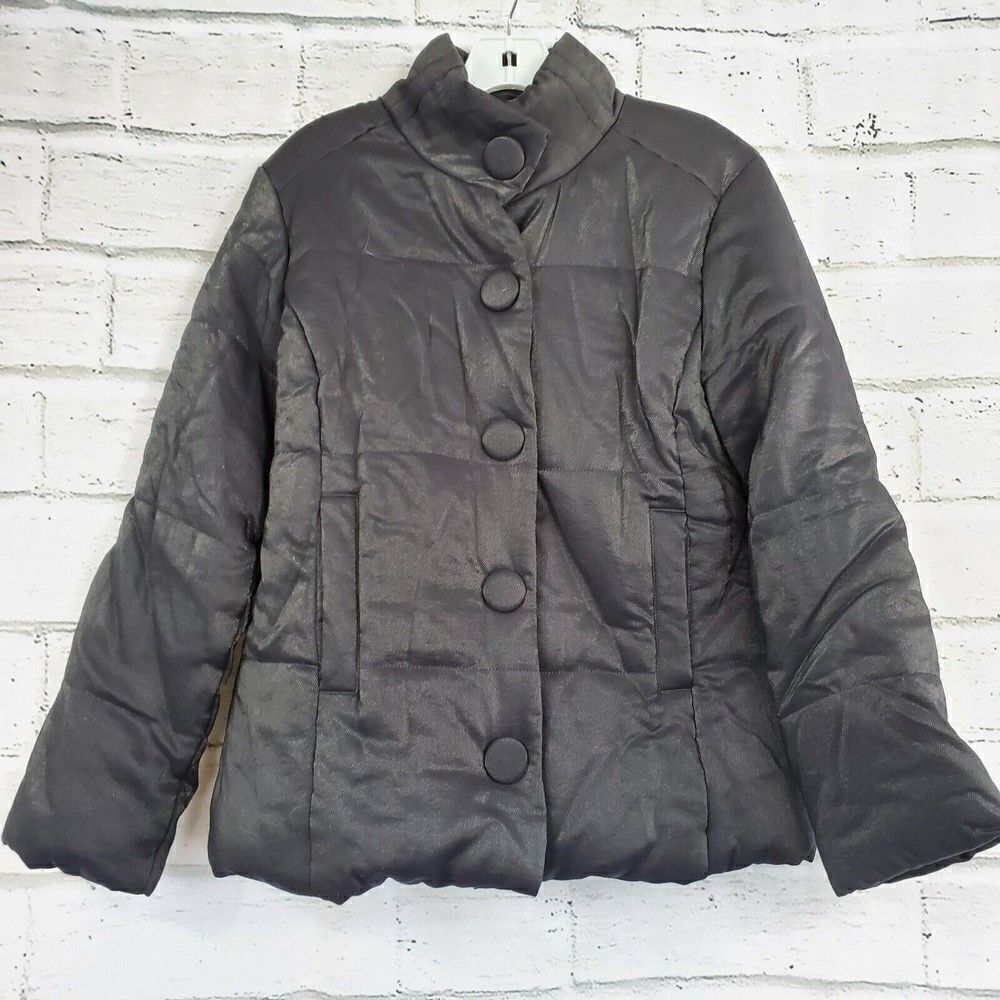 J JILL Black Rayon Blend Snap Button Puffer Jacket Womens XS